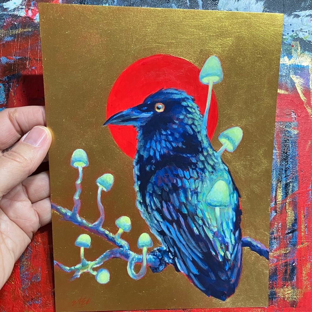 Original Raven Mushroom painting Art Crow Bird Fungi Gold decor Artettina USA